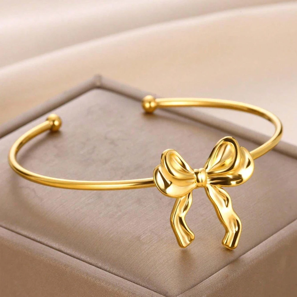 Bow Tie Bangles For Women Gold Stainless Steel Butterfly Cuff Open Bracelet