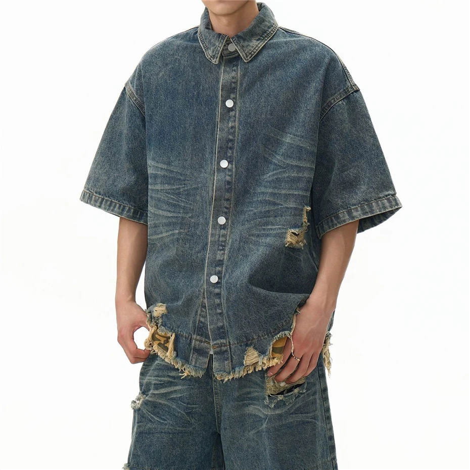 Ripped Hole Denim Sets Streetwear Hip Hop Patchwork Camouflage Jeans Shirts Men Oversized Vintage Baggy Denim Shorts Mens Blouse