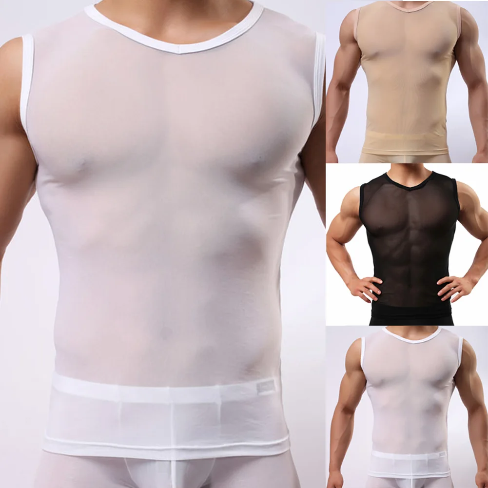 Sexy Men Summer See-Through Fishnet Undershirt T-Shirt Clubwear Running Short Sleeve Tank Top Comfortable Vest Undershirt