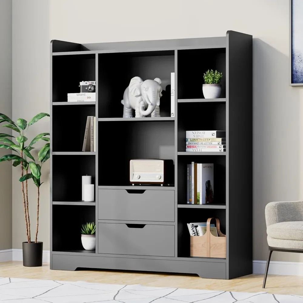 Bookshelf, 4-Tier Open Shelf Bookcase with 2 Drawers and 10 Cubes, Wood Cube Storage Organizer Shelf, 39.4" W X 47.2" H 4