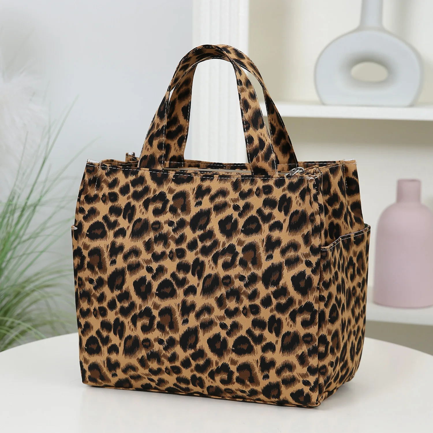 Neue große Lunch-Tasche, verdicktes Stofffutter mit Aluminiumfolie, Leopardenmuster, Handtasche, Lunchbox-Aufbewahrungstasche – Detail 5