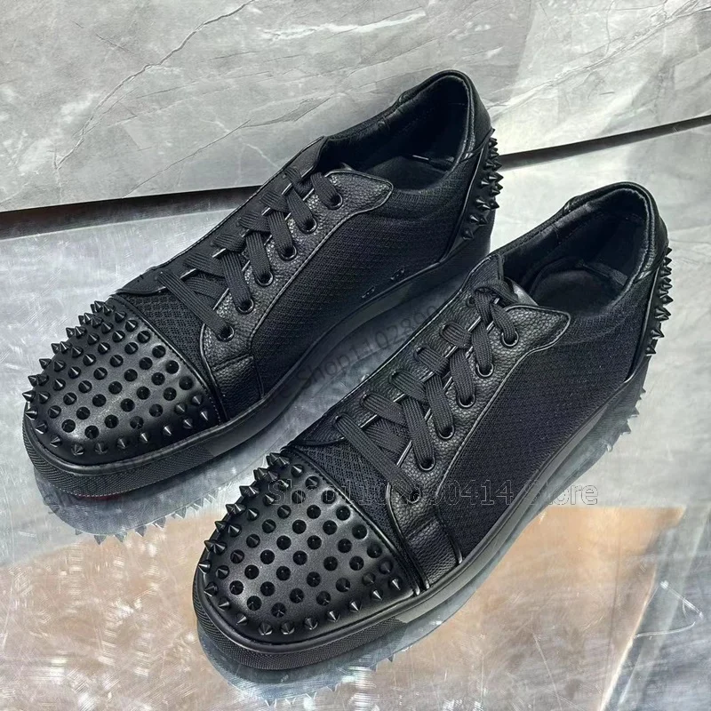 

Rivets Decor Black Mesh Cross Tied Men Sneakers Fashion Lace Up Men Shoes Luxury Handmade Party Feast Banquet Men Casual Shoes