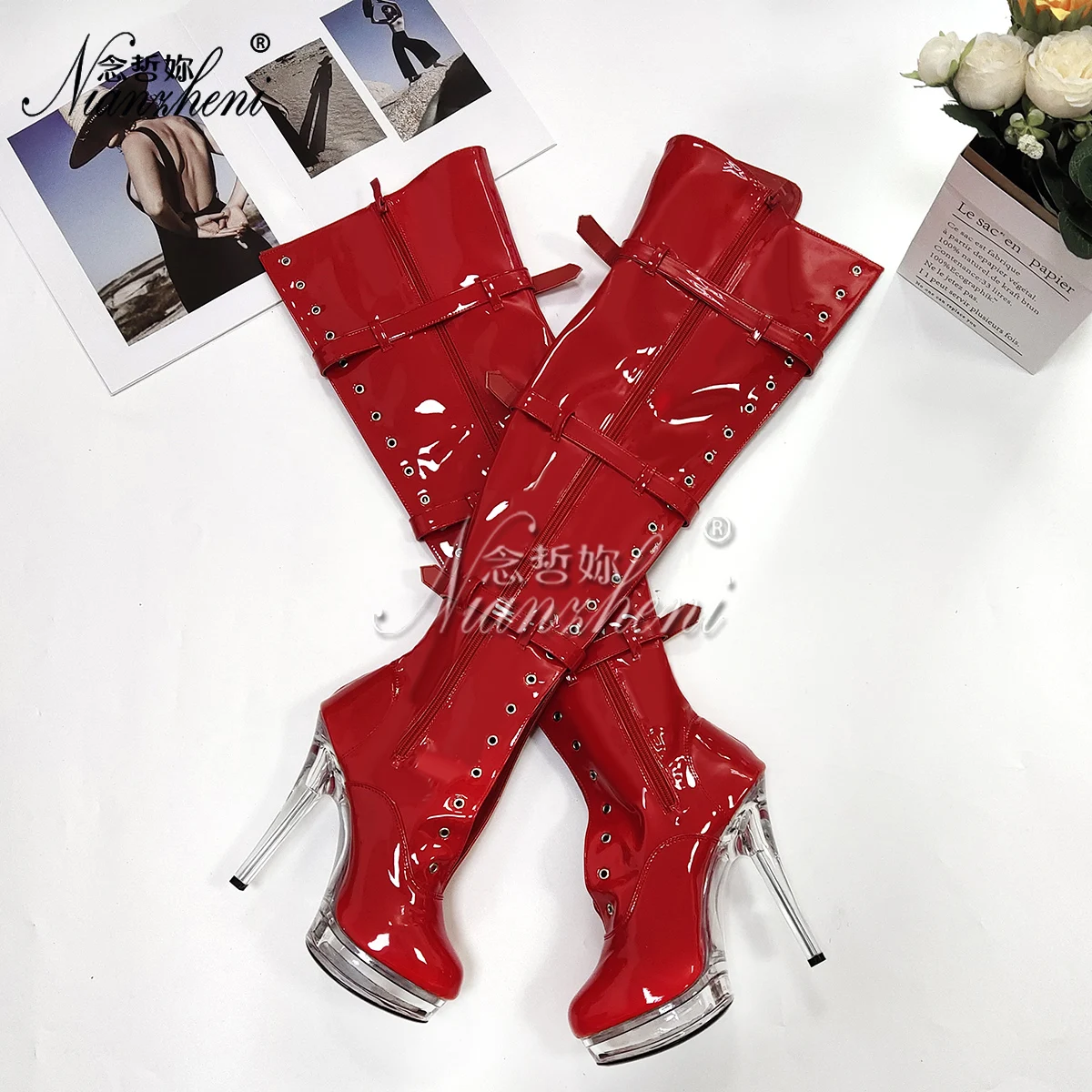 

Red Exotic Belt Buckle Over The Knee Boots Women's 15cm Platform Sexy Fetish Shoes Nightclub 6Inch Gothic High Heels Big Size