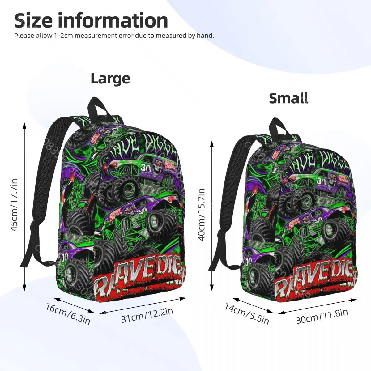 Monster Jam Truck Backpack Grave Digger Unisex Polyester Outdoor Style Backpacks Christmas Gift Kawaii High School Bags Rucksack