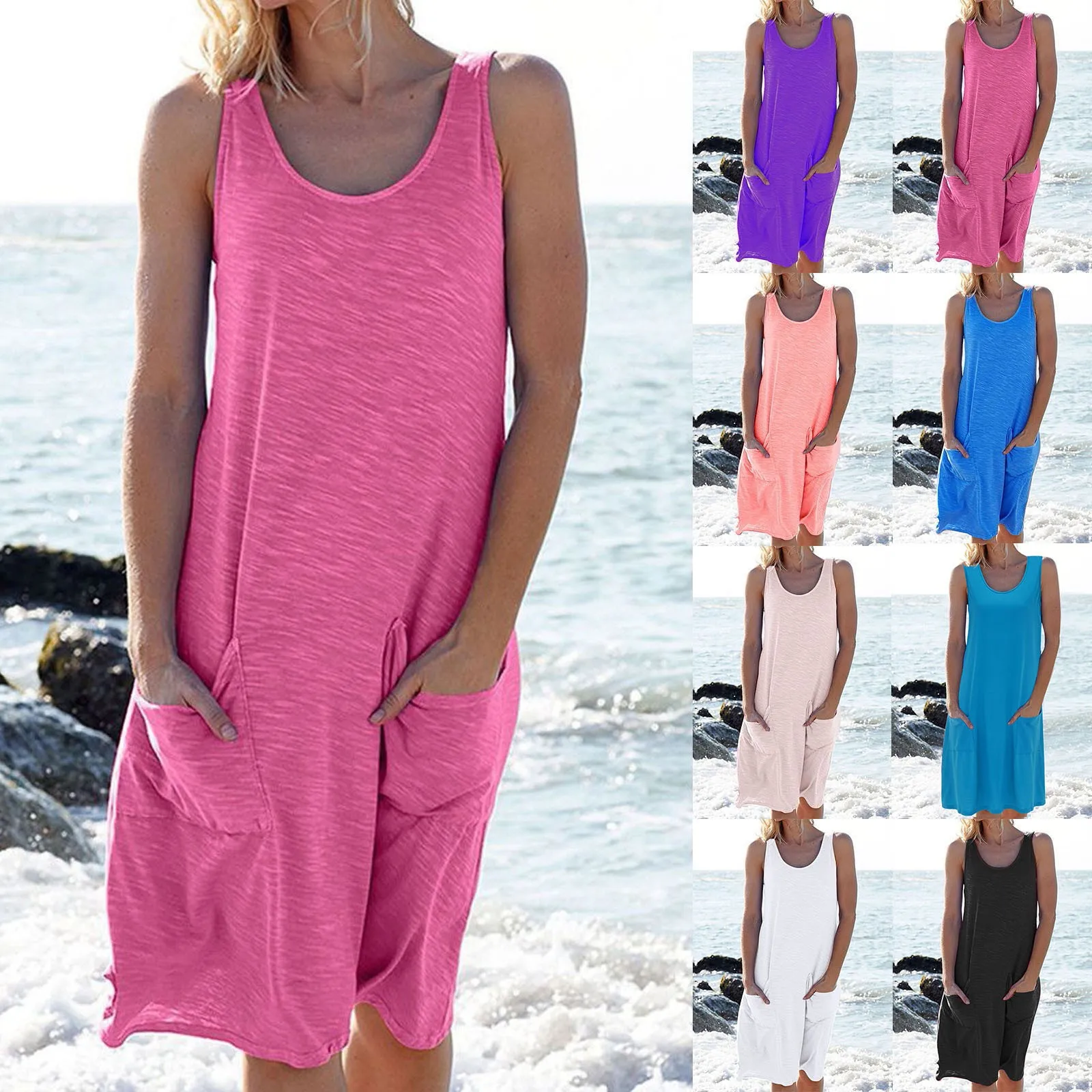 

Summer Large Size Women's Casual Dress Solid Colour Loose Sleeveless Tank Dress Simple Comfortable Vest Dress With Pockets