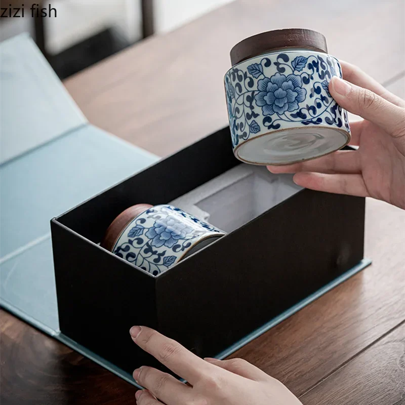 Ceramic Tea Caddy 2 Piece Set Gift Box Wooden Cover Storage Tank Sealed Jar Tea Box Container Candy Jar Can tea tin box,tea canister,ceramic storage jar