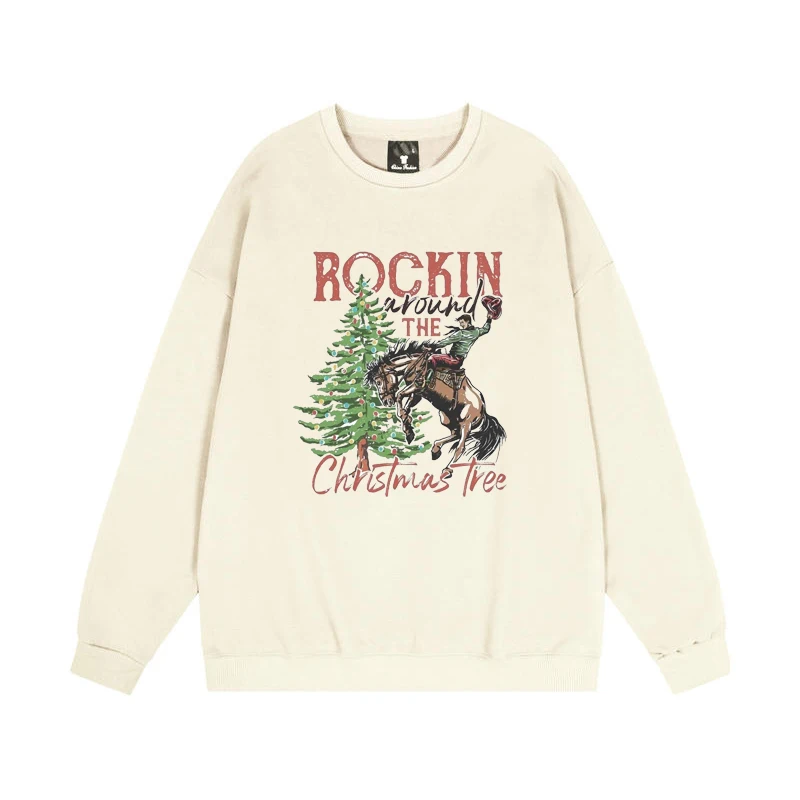 Weihnachtsbaum-Grafik-Sweatshirt für Damen, lässig, Rundhalsausschnitt mit Western-Cowboy-Aufdruck, langärmeliger Pullover als Herbst-/Winter-Geschenk – Detail 4