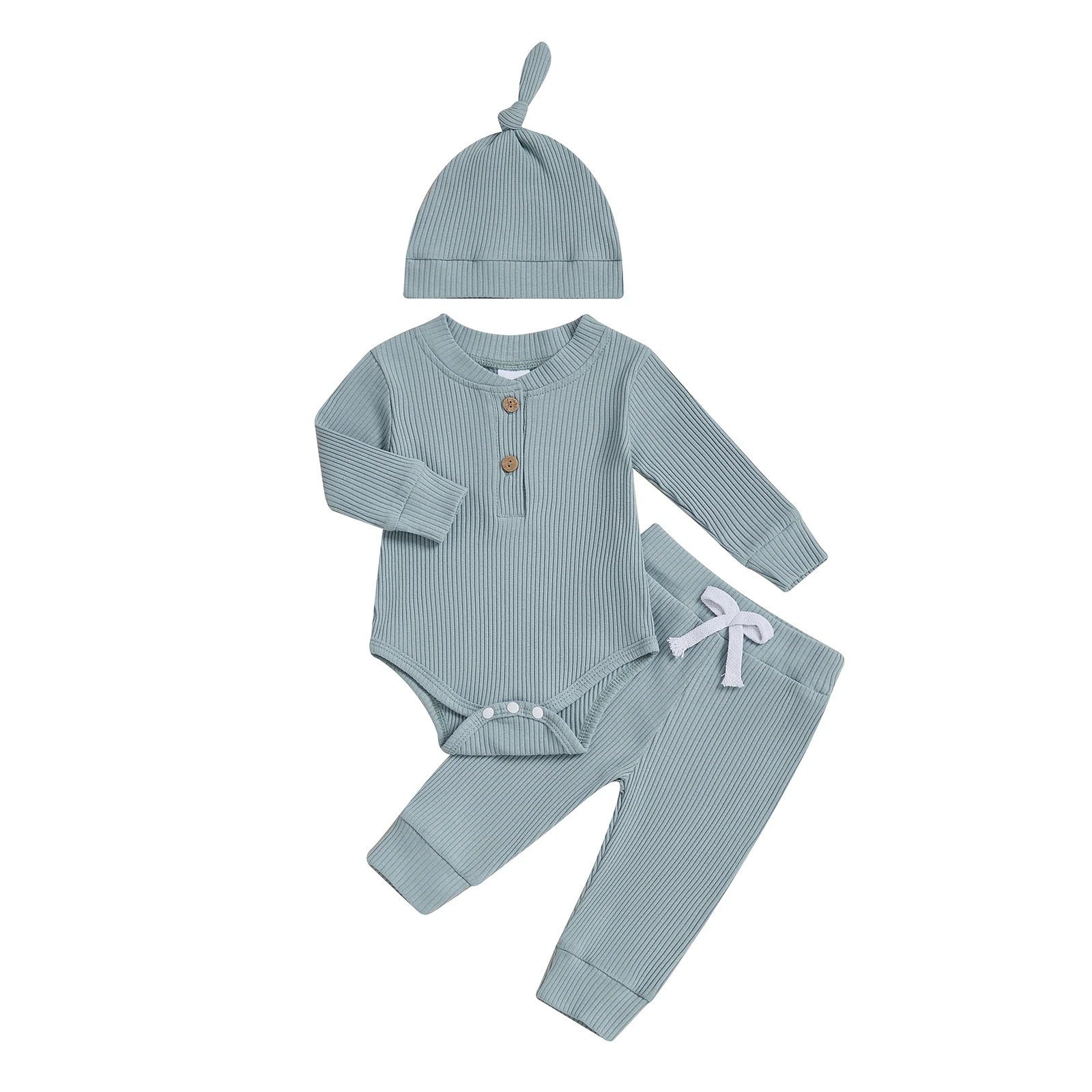 סטים לבנים תינוקות בגדים אופנתיים בצבע אחיד רומפר בשרוול ארוך עם מכנסיים וכובע 3 חליפות סתיו