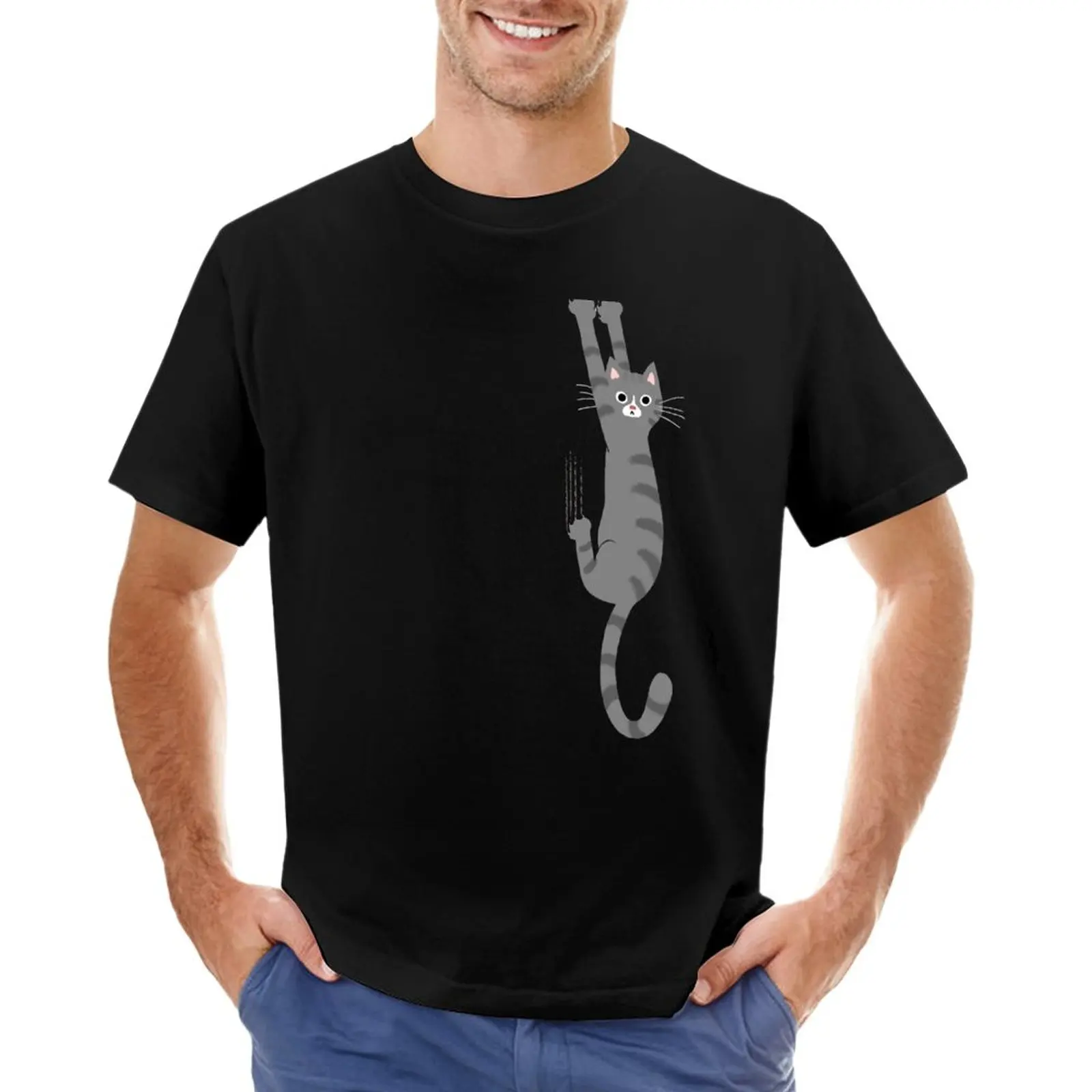 

Grey Tabby Cat Hanging On | Funny Gray Striped Cat Holding On with Claws T-Shirt t-shirts man graphic t shirts Men's t-shirts