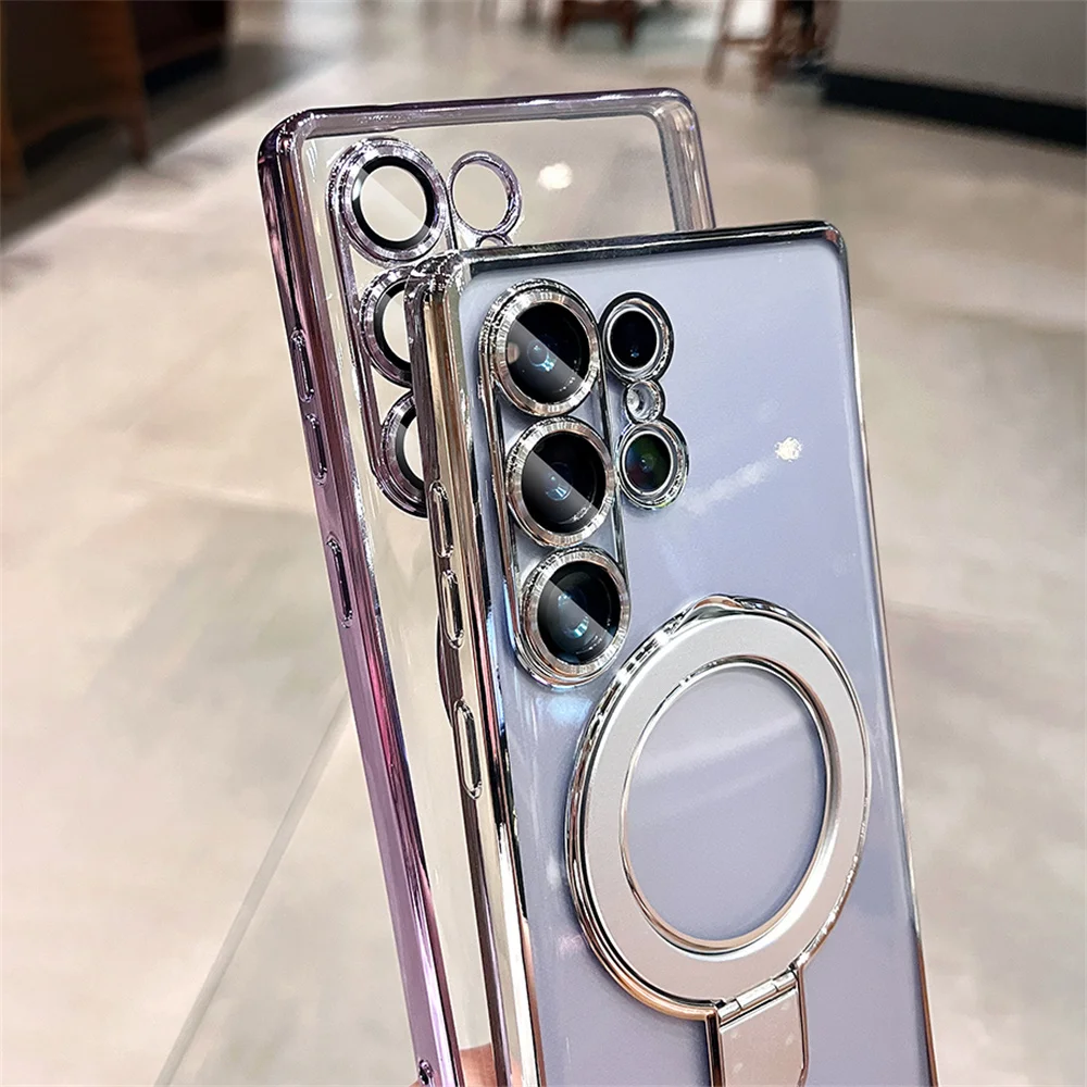 Luxury Plating Shockproof Magnetic Bracket Clear Case with Holder Stand Cover