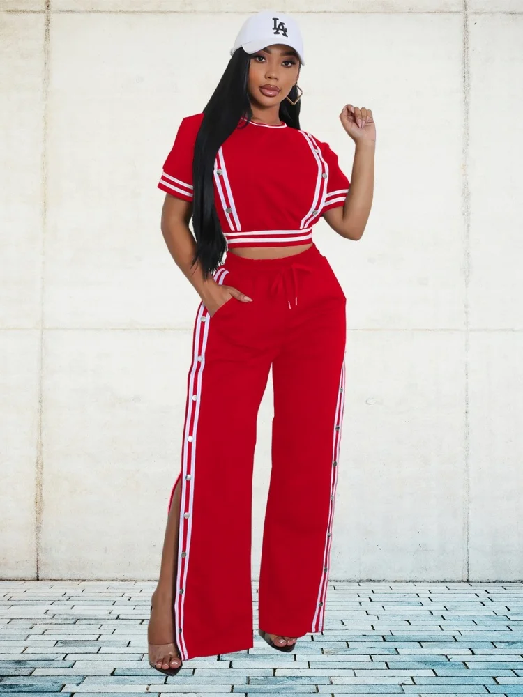 Wmstar Pants Sets Two Pieces Outfits Summer New Sports Casual Fashion Striped Top High Waist Wide Leg Matching Suit Dropshopping