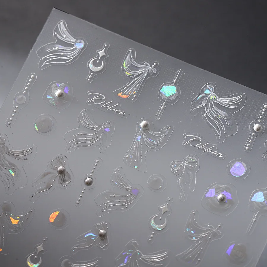 1개 클래식 화이트 플라워 네일 참 스티커 5D 엠보싱 진주 꽃 리본 디자인 네일 아트 스티커 매니큐어 데코레이션