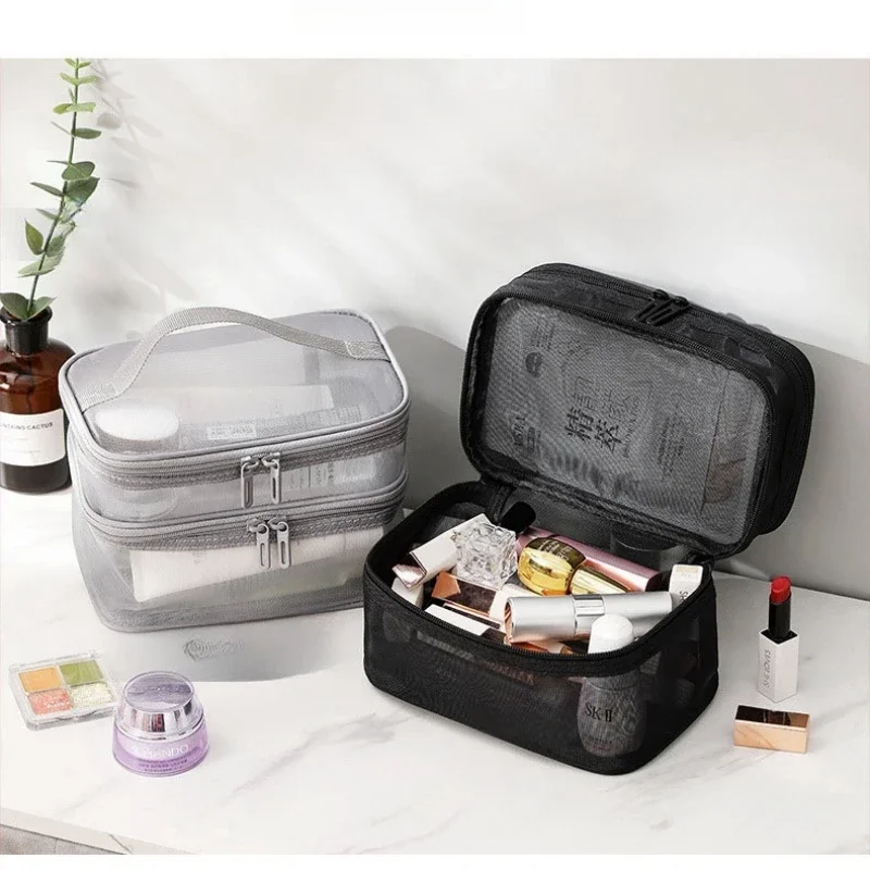 Travel Mesh Wash Storage Bag Makeup Organizer Cosmetics Make Up Skincare Box Plastic Container Handbag For Women Men Bathroom 4