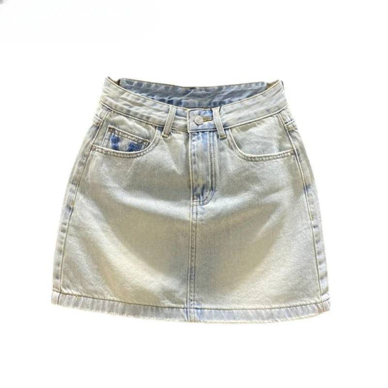 

Light Color Retro Hip-Wrapped Denim Skirt Korean Style 2024 Summer New Slimming A- Line Skirts Exposure-Proof Skirt for Women