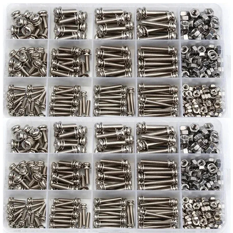 Cabeça Redonda Kit Parafuso Porca Parafuso Cruz Redonda Arruela Plana Micro Rosca 360 Pcs m3 m4 m5 Aço Inoxidável