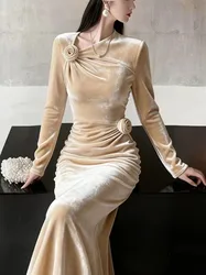 French Fashion Velvet Dress with 3D Floral Design - Elegant Autumn Long Sleeve Slim Waist Party Dress - M (Photo Color)