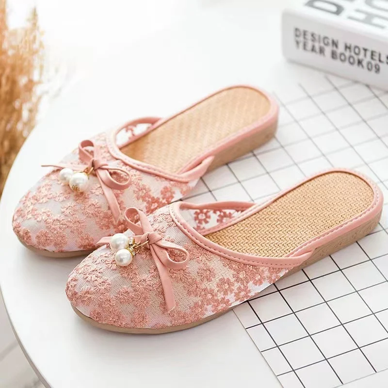 

New Women's Summer Lace Baotou Hollow Out Flat Sole Slippers Soft Sole Non Slip Home Slippers Free Shipping Outdoor Slippers