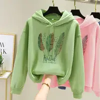 Sweat à capuche imprimé plumes pour femmes, mode automne hiver, Plus velours, décontracté, ample 2
