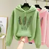Women Fashion Feather Printed Hoodies Autumn Winter Plus Velvet Casual Loose Sweatshirt 2
