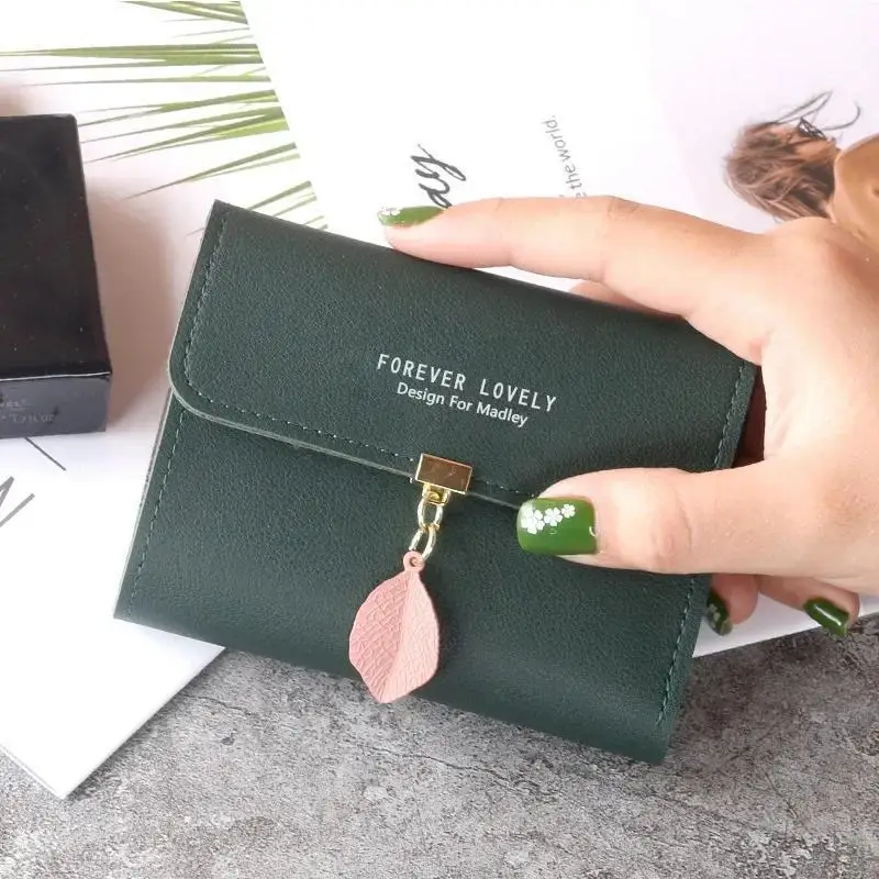 Fashion Leaf Tri-fold Coin Purse Buckle Pendant Thin Wallet New Small Women's Short Student Korean Card Holder Ladies