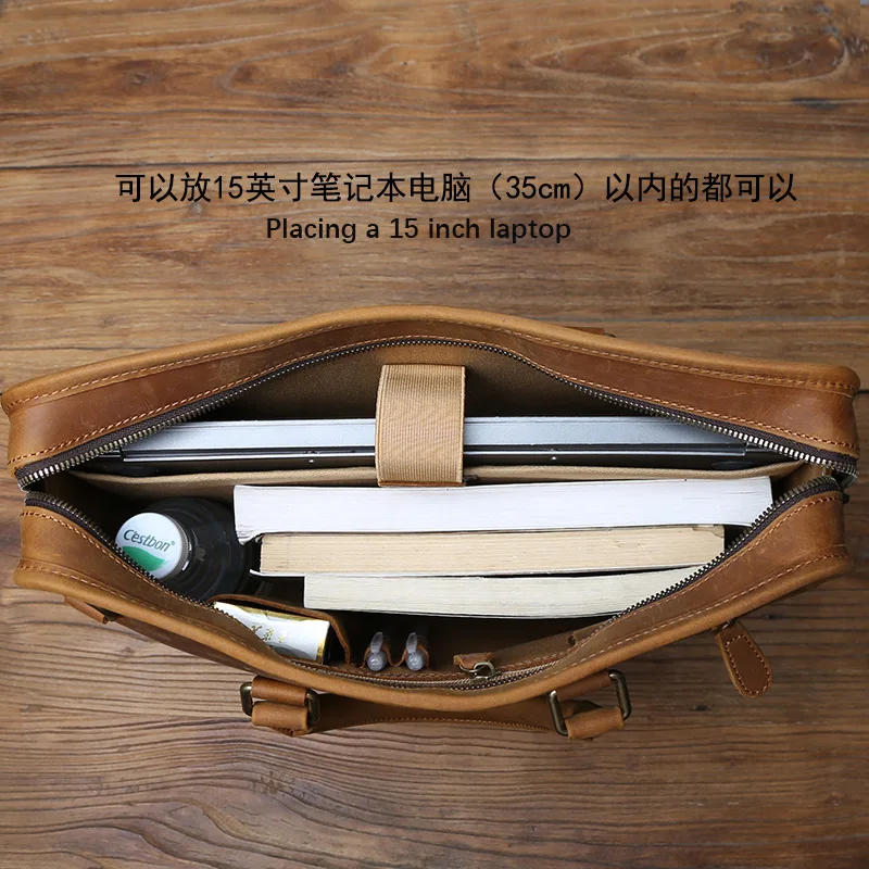 NZPJ Vintage Genuine Leather Men's Briefcase Natural Cowhide Handbag Crossbody Leisure Commuting Computer Bag for Men