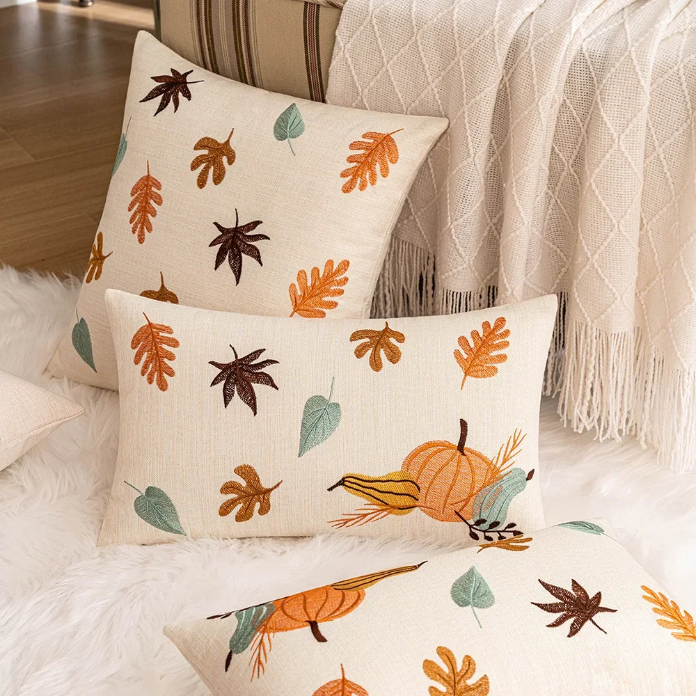 

Living Room Decoration Autumn Maple Leaf Pumpkin Pillowcase Embroidery Throw Pillow Cover Sofa Polyester Cushion Cover for Home