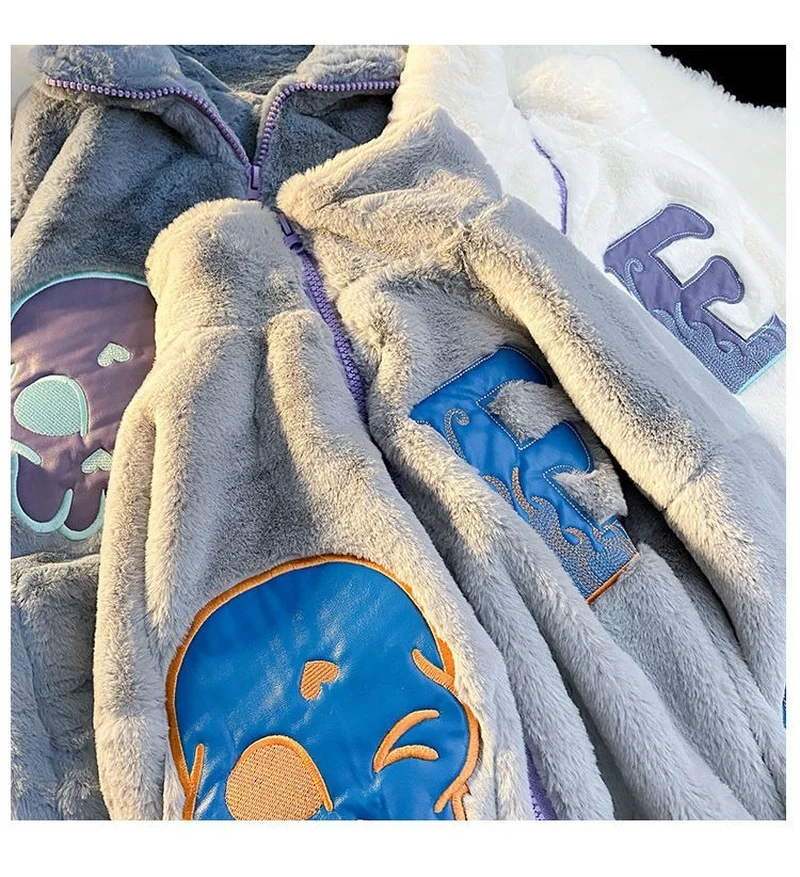 Imitation Rabbit Fur Jacket Winter 2022 New Embroidery Letters Zipper Jacket Women Loose Street Style Furry Y2K Casual Jackets
