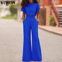 

Women Pants Sets 2022 VONDA Casual Solid Round Neck Short Sleeve Tops With High Waist Zipper Pants Office 2PCS Matching Sets