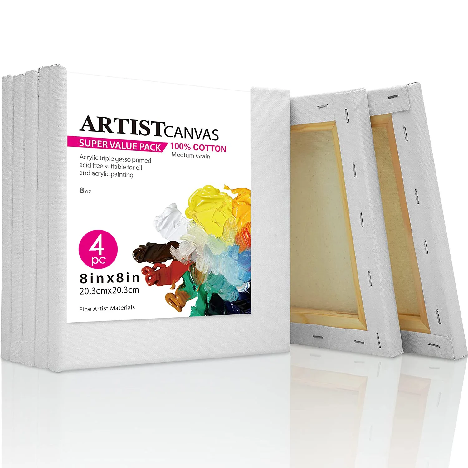 

Pack of 4 Stretched Canvas for Painting 100% Cotton Artist Blank Canvas Boards for Painting 8 oz Gesso-Primed 8x8 inch (20x20cm)