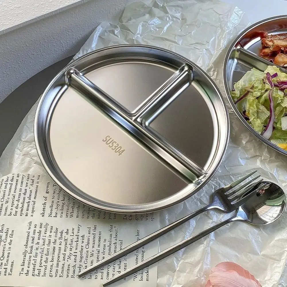 304 Stainless Steel Portion Control Plates Round Reusable Divided Plates 9" inch Salad Barbecue Plate for Adults Kids