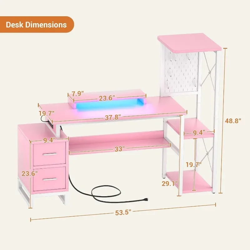 Computer Desk with 2 Fabric Drawers - Reversible Home Office Desk with Power Outlet & LED Lights, 53" Writing Desk with Monitor 3
