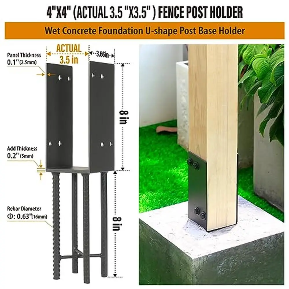 Stainless Steel U-Shape 4"x4" Concrete Post Holder Bracket Fence Deck Railing Pergola Anchor Kit Easy Installation Heavy Duty