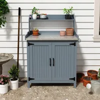 Outdoor Potting Bench Table, Wooden Gardening Table with Metal Tabletop and Storage Cabinet, Planting Table Garden Work Bench 1