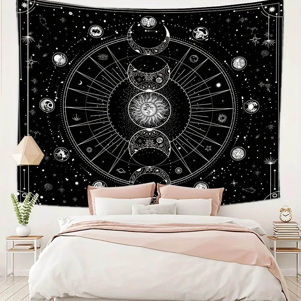 1 Piece Of 75x58CM Psychedelic Sun And Moon Constellation Tapestry Bedroom Decoration Black And White Pattern Wall Hanging