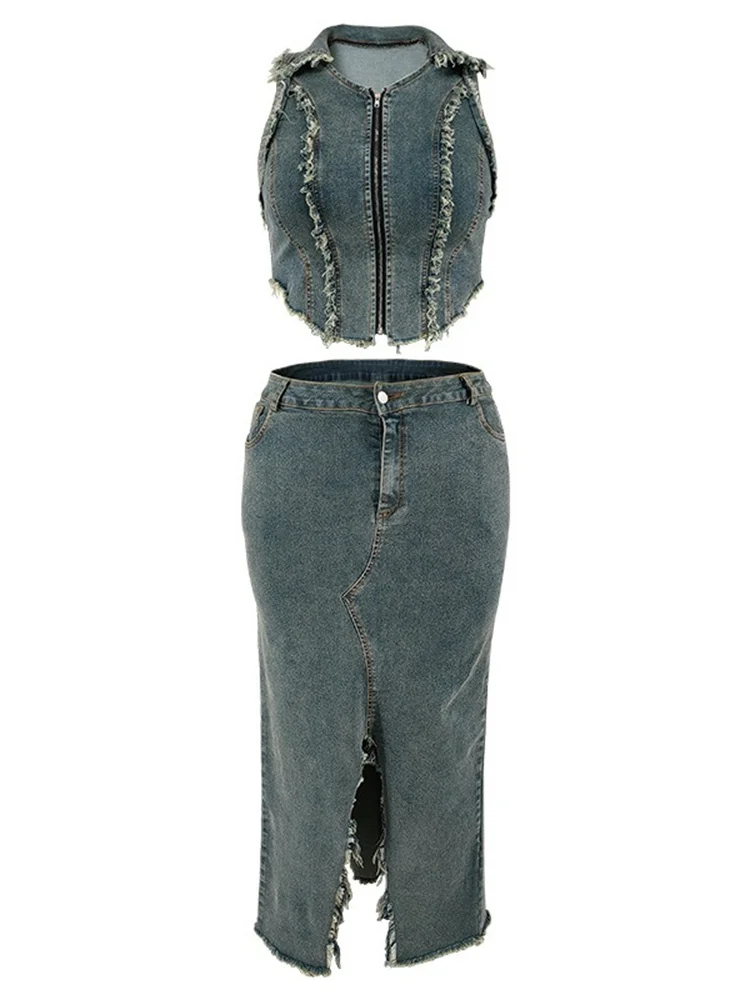 Wmstar Women Plus Size Denim Skirts Sets Two Piece Set Casual Summer Turn-down Collar Crop Tops Streetwear Matching Suits 2024