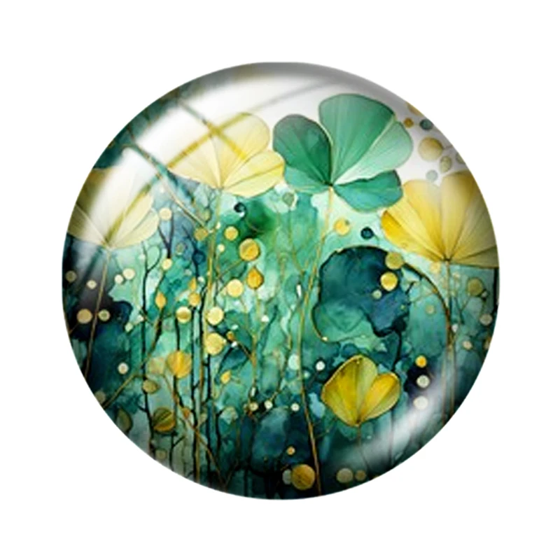 10pcs Watercolor Green Plants Round Glass Cabochons – Assorted Sizes