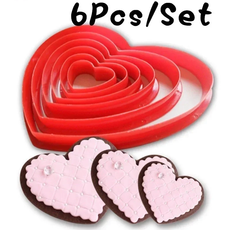 6Pcs Heart Cookie Biscuit Fondant Handmade Mold Cake Cutter Decor Tools Mold Sugar Craft Set Kitchen Plastic Cookies Cutter Mold