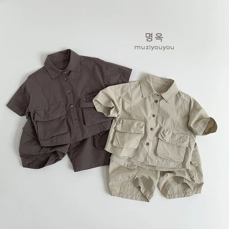 Summer New Vintage Kids Boys Cargo Shirts Baby Short Sleeve Lapel Shirts Solid Baby Girls Casual Tops Infant Clothes
