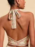 Haut court col licou pour femmes, Sexy, nœud sur le devant, sans manches, imprimé graphique Floral, col en v, dos nu, débardeur, vêtements Y2K, été 2