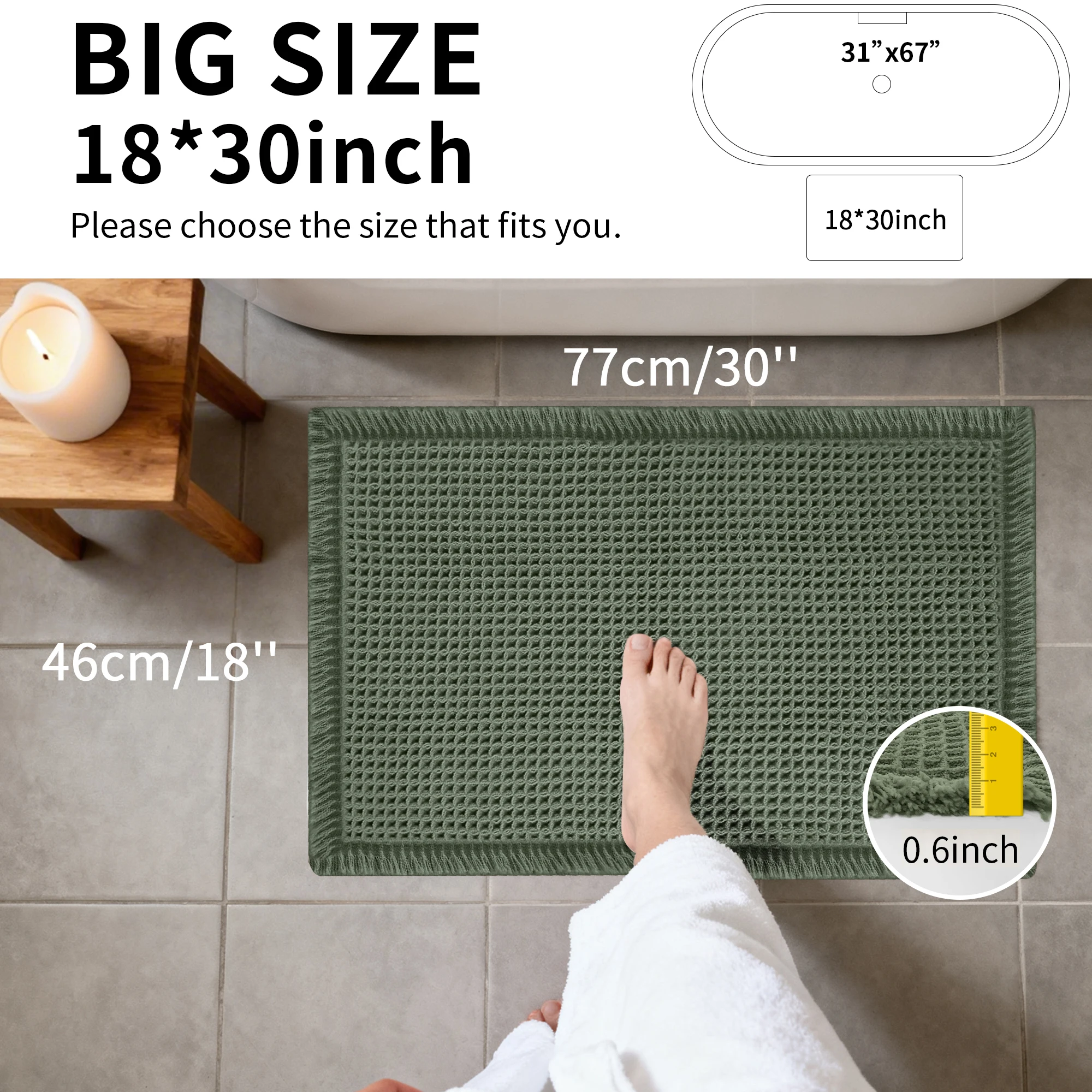 Boho waffle-weave bath mat with tassels, non-slip and super absorbent.