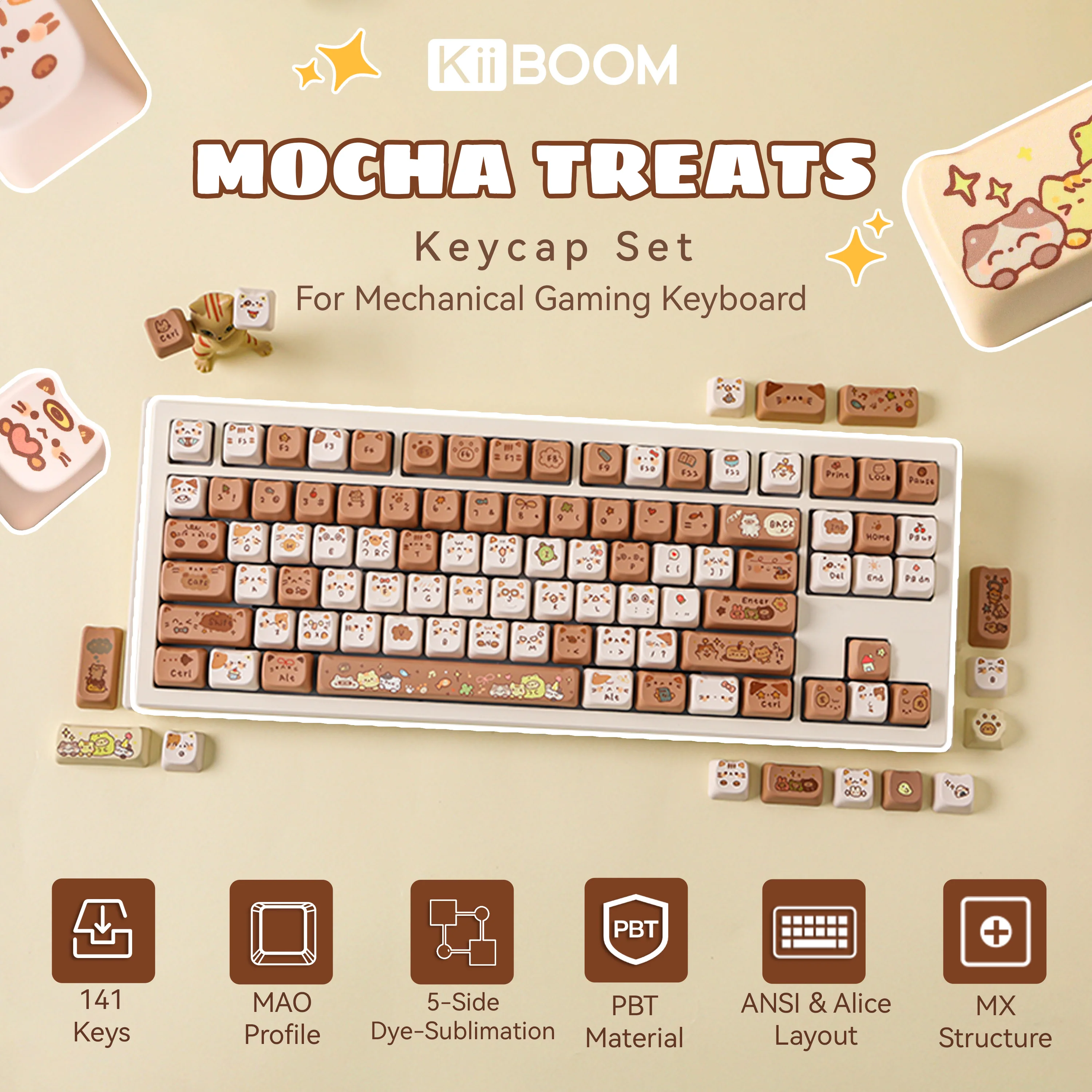 KiiBOOM Mocha Treats 키캡 세트 141 키 MAO 프로필 전체 ANSI 레이아웃 호환 키보드용 5면 염료 승화 PBT