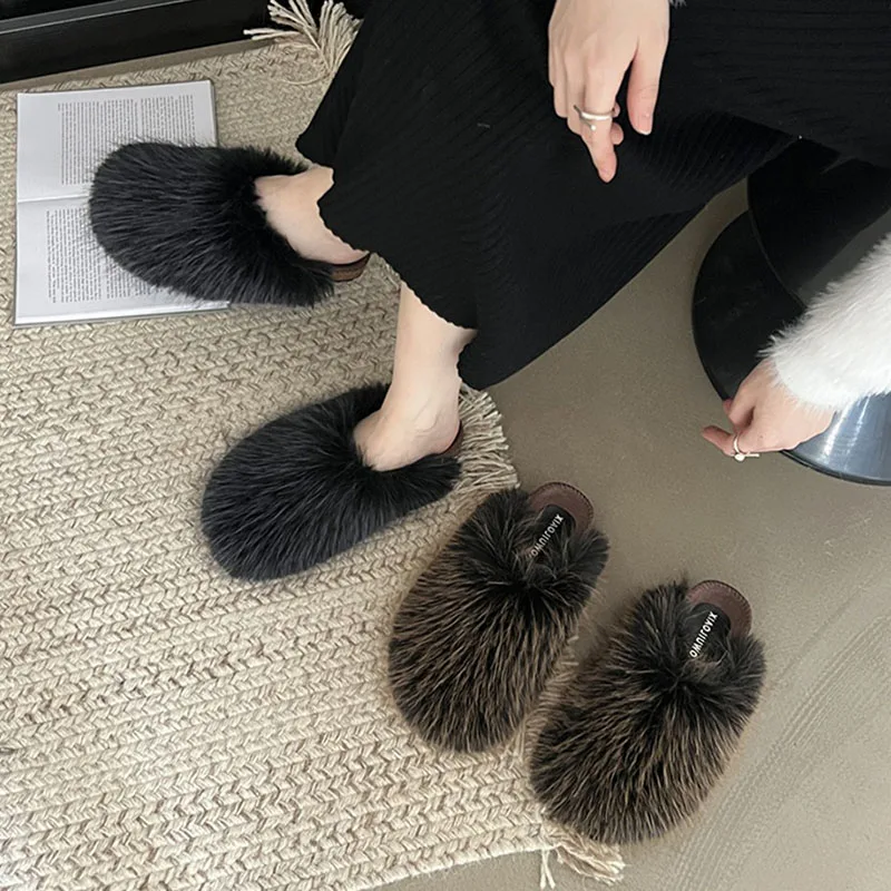 

2023 Winter Women Flat Slipper Shoes Fashion Warm Plush Fur For Ladies Slip On Mules Shoes Round Toe Dress Furry Slides Shoes