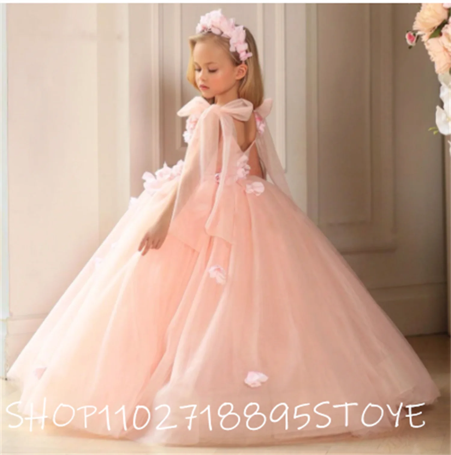 

Puffy Tulle Pink Flower Girl Dresses Sleeveless Princess Dress Girl Wedding Party Gown First Communion Dress Kids Cloth
