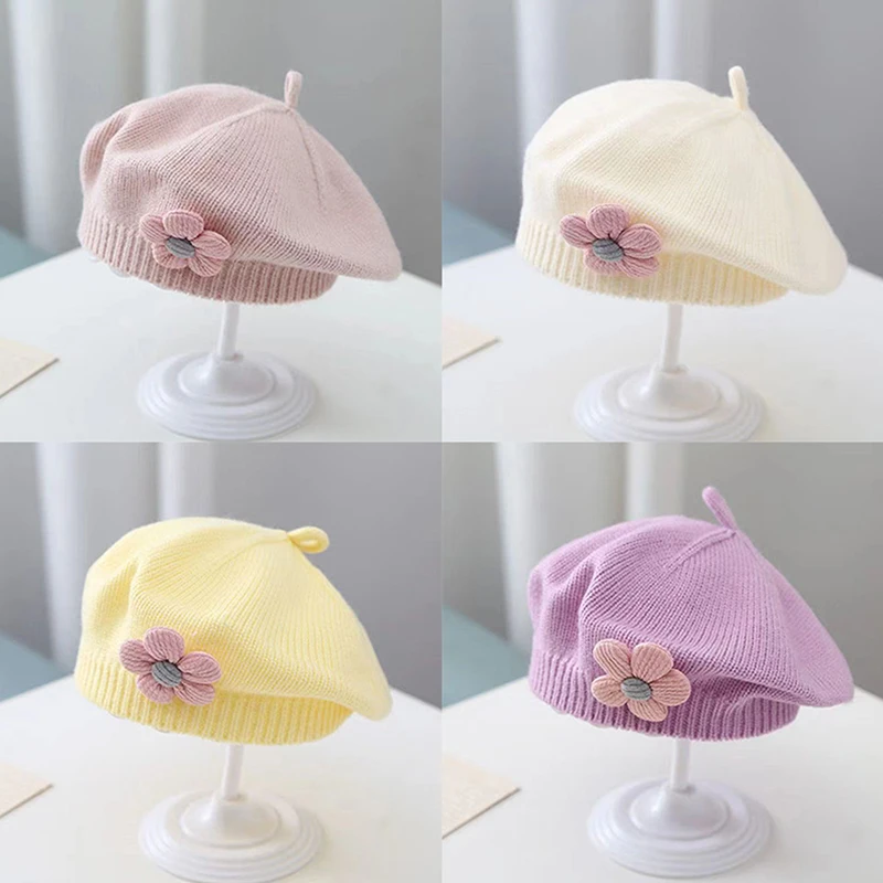 Baby Hat Set Flower Baby Beret Hat Winter Warm Knitted Beanie For Infant Girls Korean Toddler