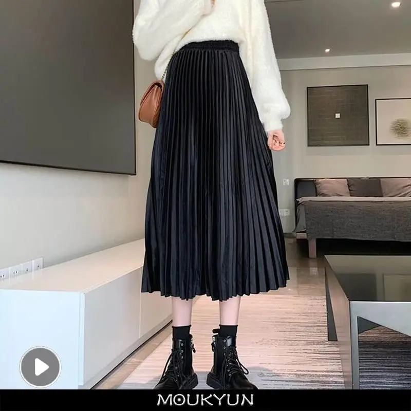 

MOUKYUN Cotton Pleated Long Skirt Women Casual Elastic Waist Korean Fashion Ladies Loose Mid-Calf Umbrella Skirts Faldas