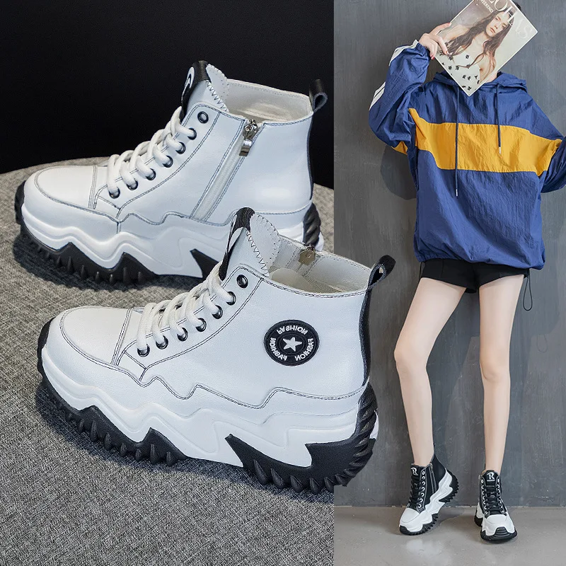 Shoes Woman Women\'s Sports Shoes 8CM Increase Leather White Shoe Autumn Casual Sneaker Platform Women Running Shoes Ladies Shoes