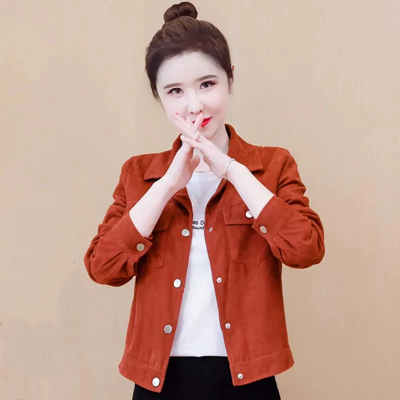 

Pink Women Corduroy Jacket 2023 New Spring Autumn Fashion Long Sleeve Single Breasted Short Solid Female Coats Casual Tops F1986