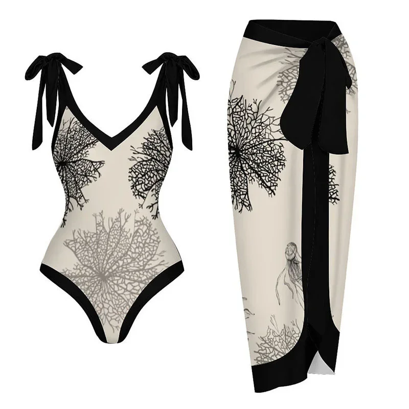 2024 New One Piece Swimwear Women's Tight and Slimming Big Flower Swimwear Set Chiffon Long Skirt Vacation Bikini Skirt