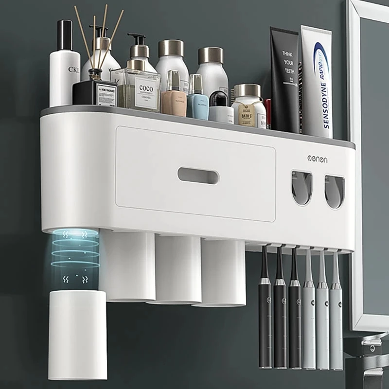 Magnetic Toothbrush Holder Storage Rack Automatic Toothpaste Dispenser Wall-Mounted Waterproof Bathroom Storage Accessories Set