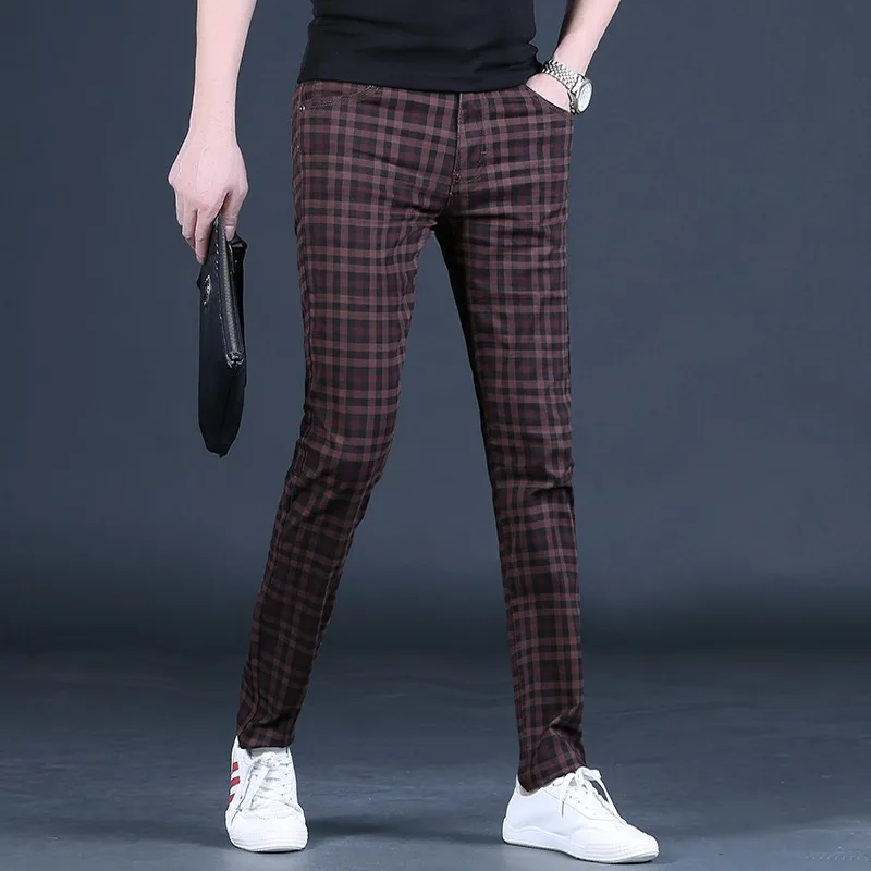 Wine Red Plaid Pants Men Fashion Korean Style Slim Fit Straight
